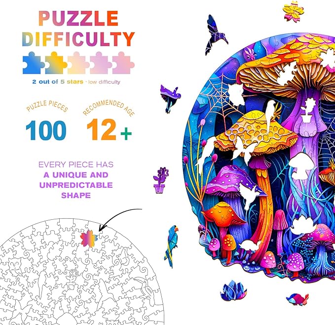 Wooden Puzzles for Adults - Paper Cut Mushroom Wooden Jigsaw Puzzle - Unique Animal Shaped Wood Puzzles Adult - Christmas Birthday Gifts for Adults/Friends/Family - 100pcs 8.5 * 8.2in