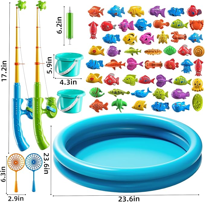 Magnet Fishing Toys Game for Kids 3-5 - Floating Fish Toys with Inflatable Kiddie Pool, Bath for Toddlers, Pole Rod Net, Outdoor Party for Boys Girls Kids Age 3 4 5 6 7 8 Year Old