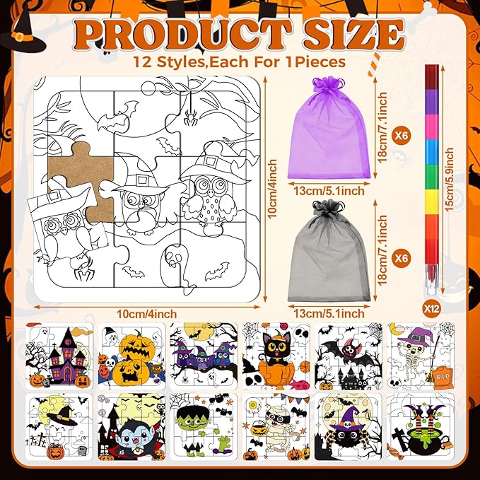 12 Sets Puzzles Color Your Own Puzzles DIY Jigsaw Crafts with 12 Stackable Crayons and 12 Bags for Learning Education Toys Gifts Prizes Birthday Party Supplies (12, Halloween)