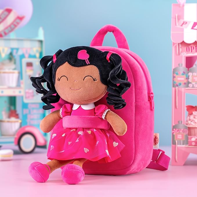 Gloveleya Back to School Gifts for Girls Toddler Backpack Baby Girl Gift Plush Bag Diaper Bag with Spring Girl Doll Curly Hair Girl Toys with Love Rose 9 Inches