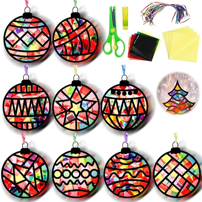 EggSun 36 Sets Christmas Ball Suncatchers Craft Kit for Kids Ornaments Stained Glass Effect Window Arts and Crafts Kit for Classroom Holiday Birthday Projects Home Party Favors Decorations Ages 4 8 12