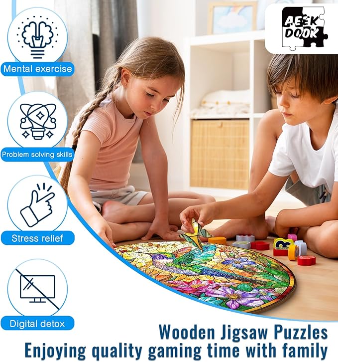 Wooden Puzzle for Adults, Stained Glass Hummingbird Puzzle, Unique Animal Shape Puzzles, Wooden Jigsaw Puzzles for Adults, Thanksgiving for Family Friend (M-11.4 * 11.4in - 200psc)