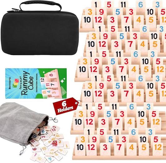 Rummy Cube Game 6 Players with Portable Travel Case, 162 Melamine Rummy Tiles & 6 Wooden Holders, Classic Family Strategy Board Game for Adults Kids
