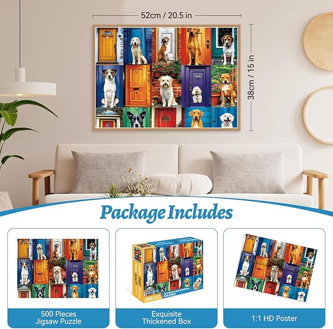 500 Piece Jigsaw Puzzle for Adults – Cute Dogs and Doors Design, Dog Puzzles for Adults 500 Pieces, Unique Home Decor Puzzle for Relaxation & Fun Family Time (20.5" x 15")
