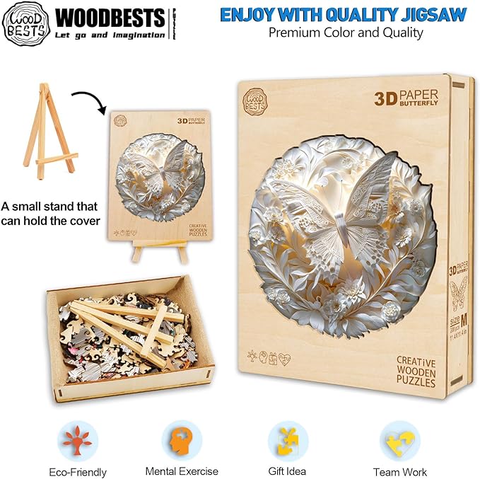 WOODBESTS Wooden Puzzles for Adults, 3D Paper Butterfly Wood Puzzles Adult(290 Pieces, L, 13.4 * 13.4in), Unique Shape Wooden Animal Jigsaw Puzzles, Birthday Gifts for Adults Family Game