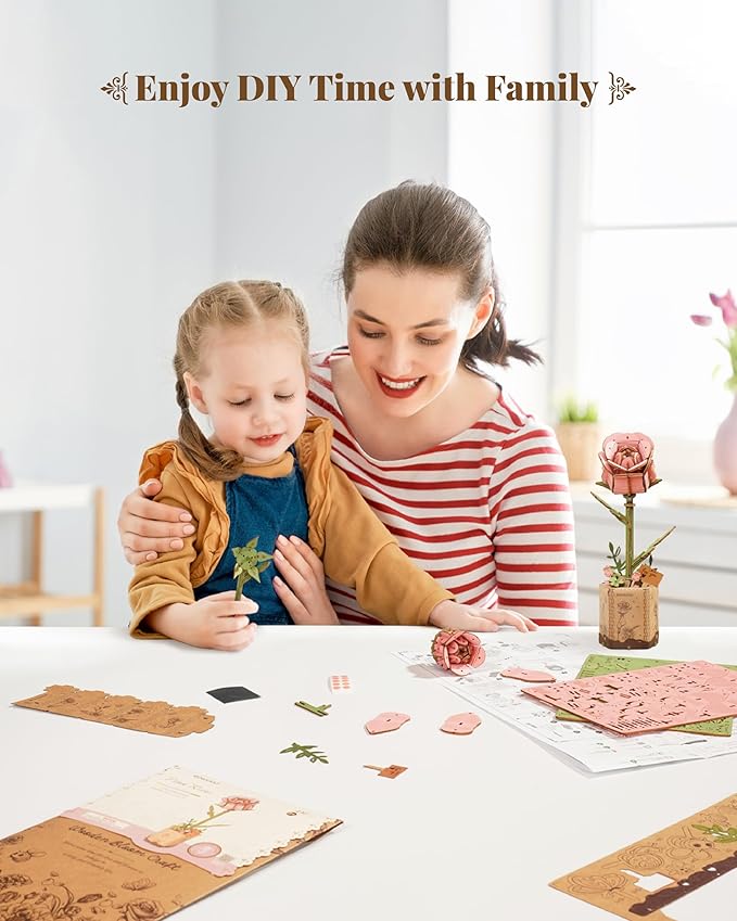 rowood Artifical Flower,Wood Flower Building Toy Set,Mother's Day/Valentine's Day/Teacher's Day/Thanksgiving Day/Christmas/Birthday Gift for Mom/Women/Grandma/Wife/Her-Pink Rose, TW041