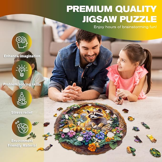 Wooden Puzzles for Adults - Raccoon on Vacation Wooden Jigsaw Puzzle - Unique Animal Shaped Wood Puzzles Adult - Christmas Birthday Gifts for Adults/Friends/Family - 200pcs 11.4 * 11.3in