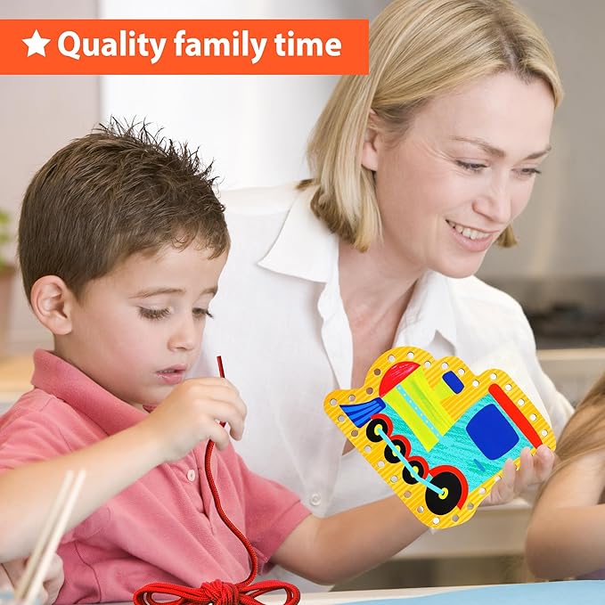 KRAFUN Preschool Beginner First Lacing Card Kit for Kids Training Arts & Crafts, 5 Easy Transport and Cars Lacing Projects, Craft Paper Cards for Toddlers, Fine Motor Skills Toys