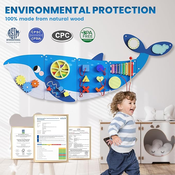 BlueWood Whale Wall Busy Board Panels, Toddler Learning Activity Center, Montessori Philosophy Sensory, Educational Toys, Conducive to All-Round Development