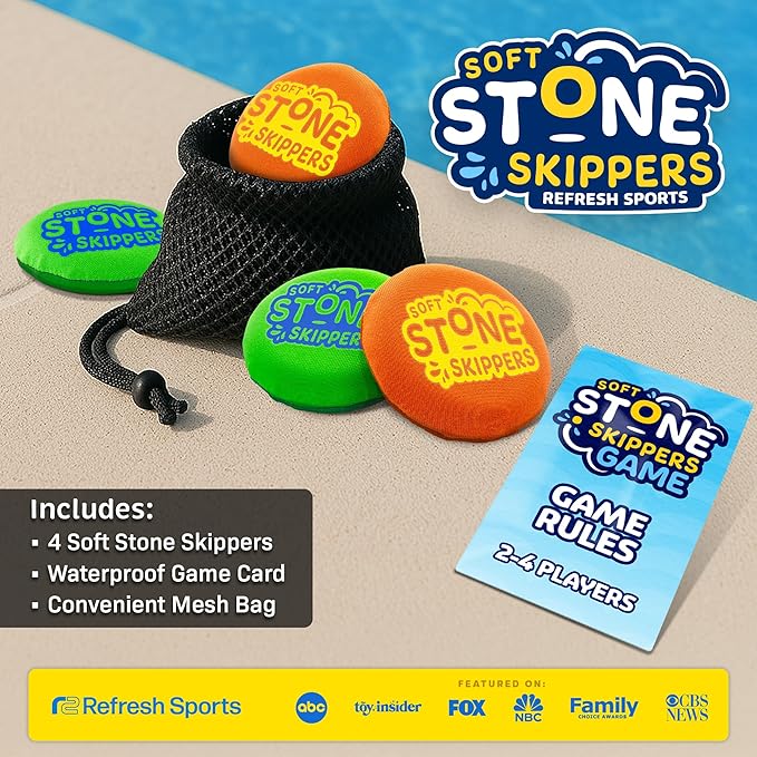 Soft Stone Skippers Game โ Fun Pool Toys for Kids All Ages - 4 Pack Water Skipping Discs Set โ Best Beach Games Gifts for Boys & Girls Ages 5 6 7 8 9 10 11 Year Old & Up - Water Bouncing Skip Ball Toy