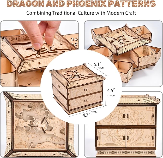 3D Wooden Puzzles for Adults - Mechanical Dragon Treasure Chest Model Kit, DIY Engineering Project, Unique Gift for Men Teens, Collectible Art and Home Display