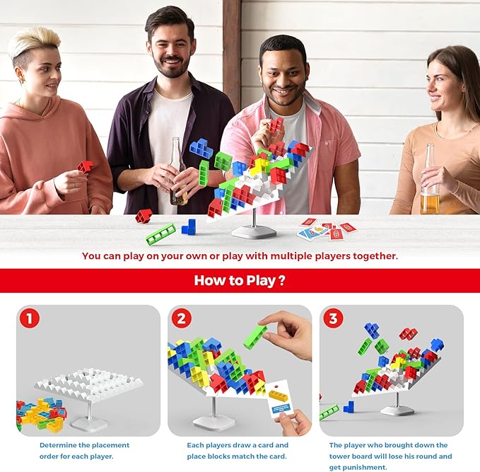Tower Building Balance Board Game, Stacking Game for Family, 360° Drop Tower Swing Stacking Desktop Game for Teens & Adults, Parties Fun Games