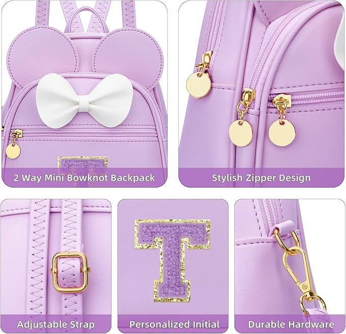 KKXIU Girls Initial Bowknot Cute Mini Backpack for Toddler, Travel Small Girl Backpacks, Personalized Trendy Stuff Gift for Little Girls and Kids(T, Purple)