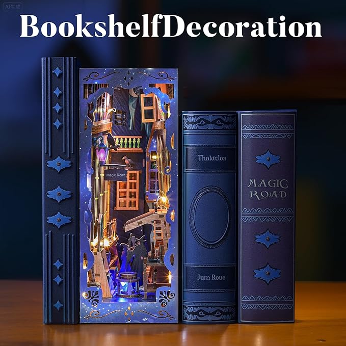 DIY Book Nook Kit for Adults - Magic Alley Miniature House Diorama, 3D Wooden Puzzle Bookend Bookshelf Insert Decor with LED Light, Wizard-Themed Miniature Kit Gifts for Fantasy Lovers