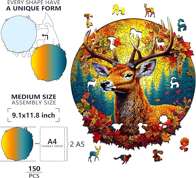 Wooden Puzzles for Adults, Unique Puzzles for Adults, Irregular Animal Shaped Wooden Jigsaw Puzzles, Creative Birthday Gift,11.8 x 9.1 inch, Deer