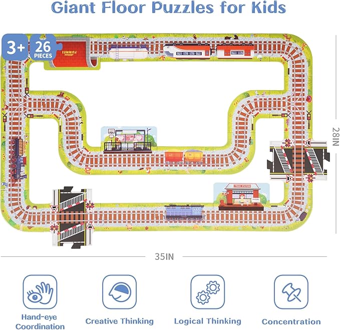 TOI Gaint Floor Puzzle for Kids Ages 3 and Up, 2x3 Feet Railway Floor Puzzles for Toddlers 3-5, Extra Large Preschool Learning Jigsaw Puzzles for Boys and Girls