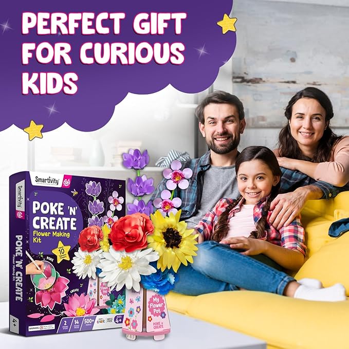 SmartCraft Art & Craft Kit - Poke Art Flower Making Kit for Kids Ages 4, 5, 6, 7, 8, 9, 10 Years Old, Create 8 Beautiful Flowers with Pot, Creative Birthday Gift for Girls & Boys, DIY Fun Activity Kit