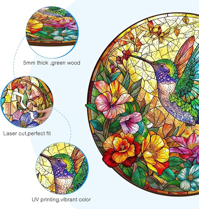 Wooden Puzzle for Adults, Stained Glass Hummingbird Puzzle, Unique Animal Shape Puzzles, Wooden Jigsaw Puzzles for Adults, Thanksgiving for Family Friend (S-8.5 * 8.5in-100psc)