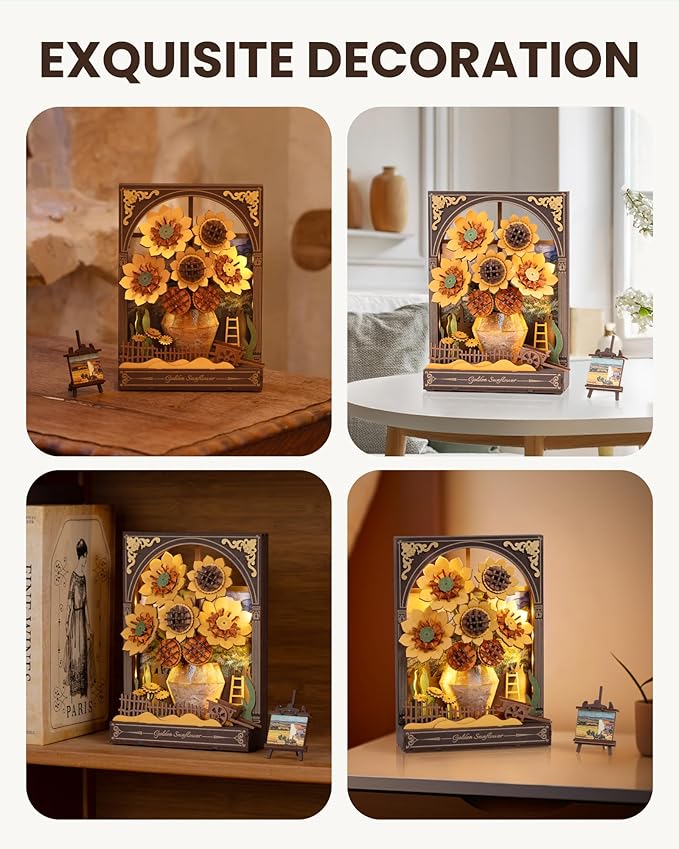 rowood Sunflower 3D Puzzle Building Set with LED,DIY Vincent Van Gogh Painting Artwork Craft Kits for Adults,Home Decor Botanical Collection Gift for Teens Kids on Christmas