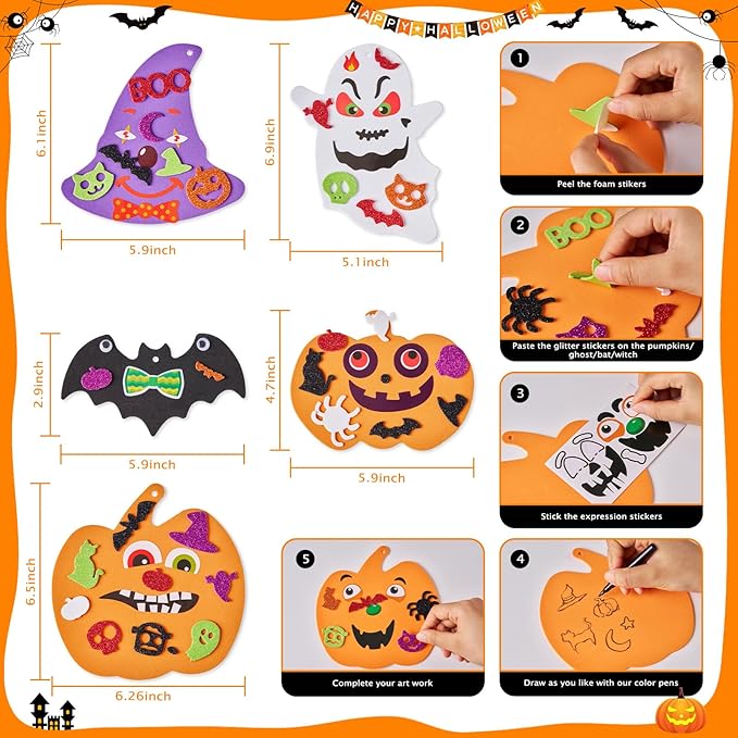 448 PCS Halloween Crafts - Foam Stickers Pumpkins, Ghosts, Bats & Witches Hat Decorations DIY Craft Kit for Party Favors & Activities
