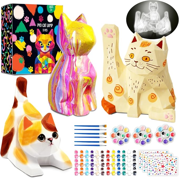 FUNZBO 3pcs Paint Your Own Cat Lamp Kit - Arts and Crafts Supplies Kitten Painting Kits for Kids Teens Adults, DIY Night Light Toy for Toddlers Girl Boy Ages 3 4 5 6 7 8 9 10 11 12 13 + Birthday Gifts