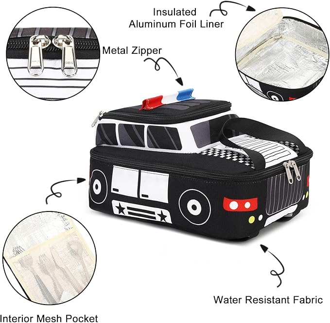 Kids School Backpack with Lunch Box for Boy Kindergarten BookBag School Bag Preschool Kindergarten Toddler Backpack (Police Car)