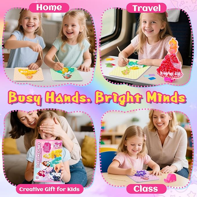 CrispPlay Princess Unicorn Girl Toys, Crafts for Kids Ages 4-8 8-12, 9pcs Poke Art Craft Kits for 4 5 6 7 8 9 Year Old Girls Birthday Christmas Gifts, DIY Kids Creative Activity, Mess Free