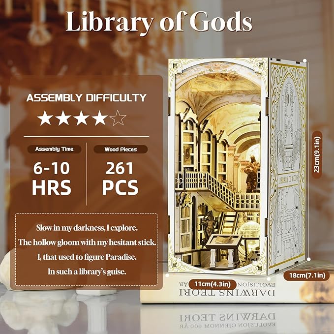 DIY Book Nook Kit for Adults, 3D Wooden Puzzle Bookend Bookshelf Insert Decor with LED Light and Dust Cover (Library of Gods)