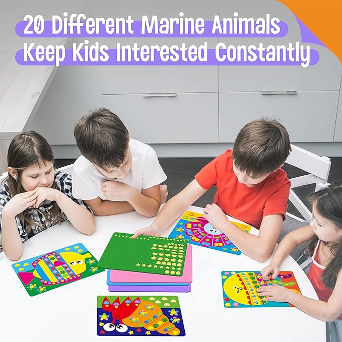 Foam Sticker Art Activity, 20 Marine Animals with 1660 Foam Stickers in 10 Colors Fun with DIY Activity Craft Kits Travel Game for Kids, Boys & Girls