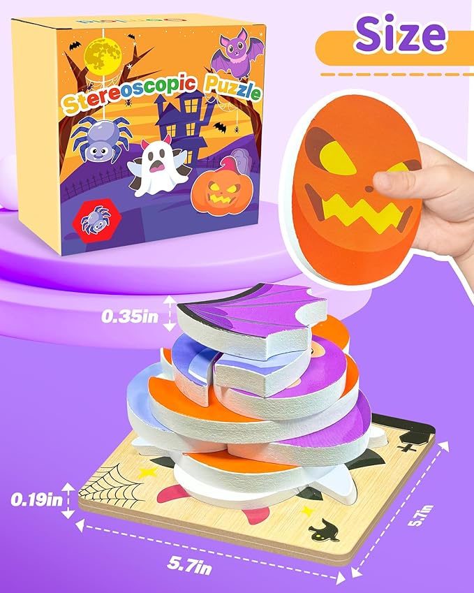Halloween Wooden Puzzles for Toddlers, 4 Pack Halloween Toys Party Favors Treats, Montessori Toys Birthday Gifts for Kids Boys Girls