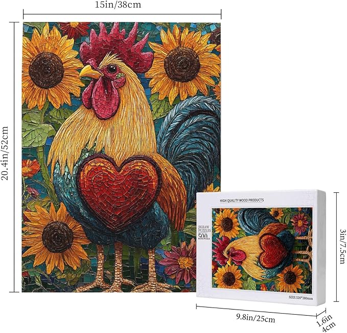 500 Piece Wooden Puzzle for Adults,The Art of Chickens and Hearts in Sunflowers,Bold Farm Animal Artwork,Brain Training Challenge,Stress Relief Activity,Eco-Friendly Woodens Pieces