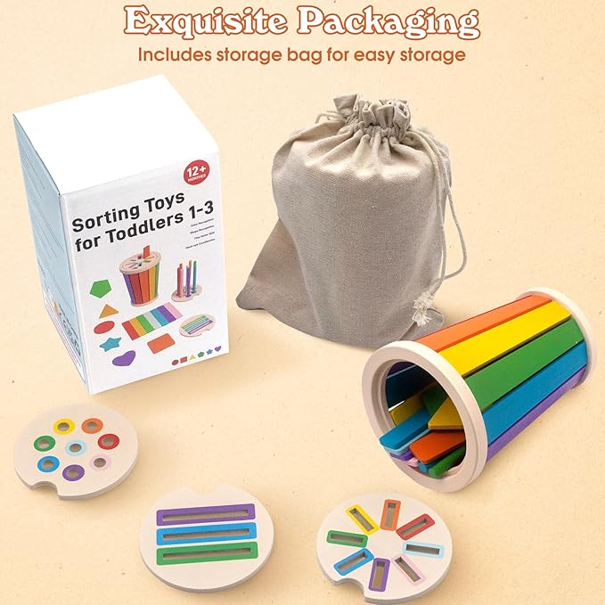 Montessori Toys for 1 2 3 Year Old, Wooden Color Sorting Stacking Toys for Toddlers 1-3 Year Old, Fine Motor Skills Developmental Sensory Toy Preschool Learning Toys 1-3