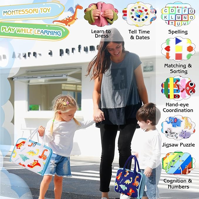 Esjay Toddler Busy Board Montessori Toys for Boys Girls, Sensory Board Educational Activities for Learning Fine Motor Skills, Birthday Gifts for Toddlers, Travel Toys for Airplane Car, White Dinosaur