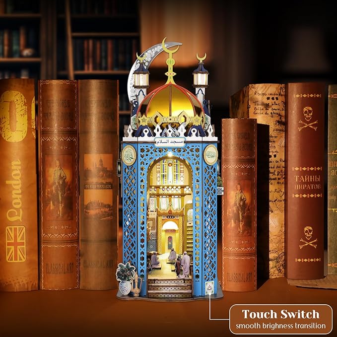 DIY Book Nook Kit, 3D Wooden Puzzle Mosque Miniature Booknook Bookend Bookshelf Decor with LED Light, The Tiny House for Adults Teen, Dollhouse Kit (Mosque)