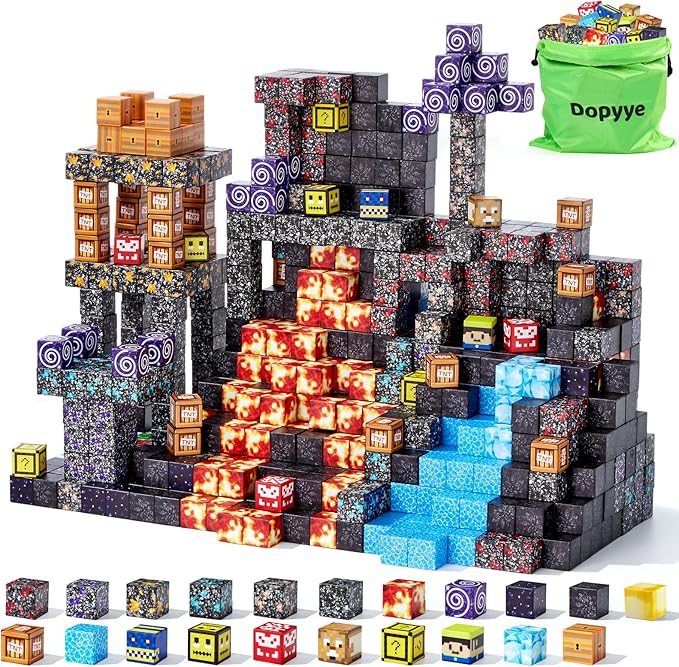 Magnetic Blocks, 150-Piece Magnetic Building Blocks, Volcano Theme 1-Inch Montessori STEM Stacking Magnet Blocks for Boys Girls Ages 3+, Educational Sensory Toys for Kids Christmas Birthday Gifts
