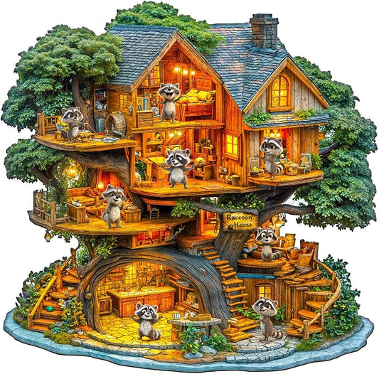 Wooden Puzzles for Adults - 200 Pieces Raccoon House Wood Puzzle - Unique Shapes Wooden Jigsaw Puzzles for Adults - Eco-Friendly Home Office Decor (11.4 * 11.2in)