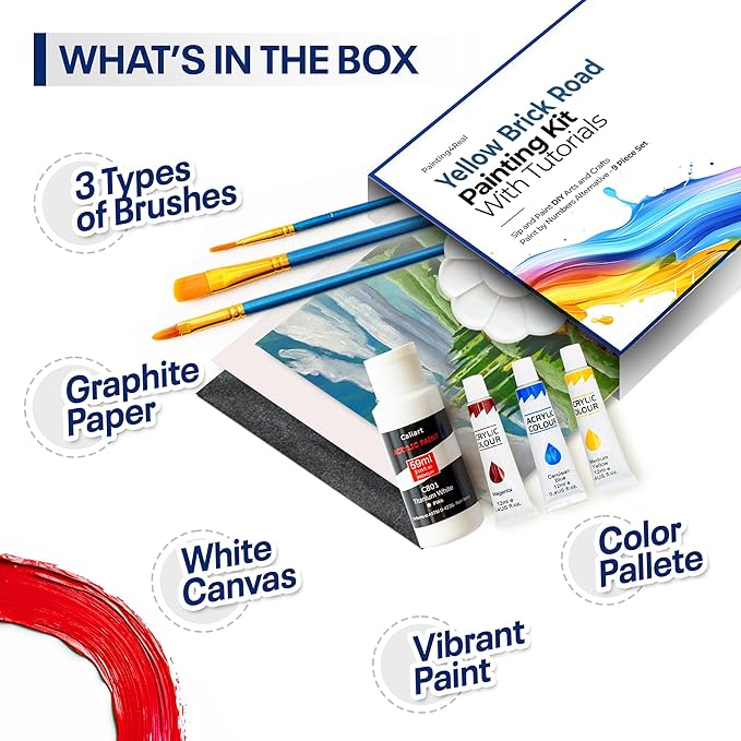 Painting4Real DIY Painting Class Kit for Adults with Video Tutorials: Learn to Paint Wizard of Oz Yellow Brick Road – How to Paint with Acrylics – Painting & Art Supplies – 9 Piece Acrylic Paint Set