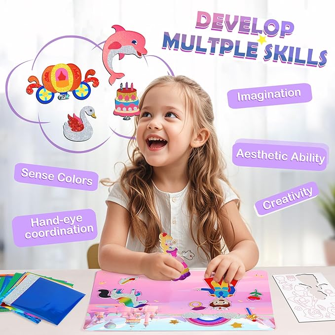 Foil Arts and Crafts for Kids Ages 4-8, No Mess Princess Fun Foil Art Craft Supplies Kits, DIY Creative Activity Travel Toys, Sticker Coloring Books, Gifts for 4 5 6 7 8 9 10 Year Old Girls Boys