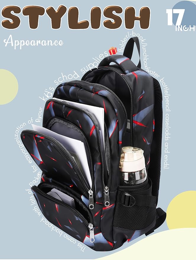 BLUEFAIRY Kids Backpack for Boys Elementary Primary School Bags for Childs Black Bagpack Book Bag Back to School Gifts for Son Mochilas Escolares para Niรฑos 17" Large Compartment Black/Red