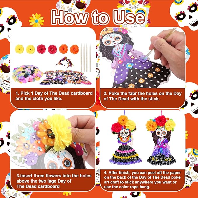 Fennoral 8 Pack Day of The Dead Poke in Art for Kids Make You Own Day of The Dead Craft Kits DIY Poke EVA Foam Sugar Skull for Classroom Art Activity Dia De Los Muertos Halloween Decoration
