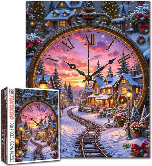 1000 Piece Jigsaw Puzzles for Adults Christmas Eve Painting Jigsaw Puzzle Winter Wonderland Puzzles 20''x27”inch Clock Towers with Xmas Trees DIY Puzzle Art 1000 Pieces Wall Decor Family Challenging