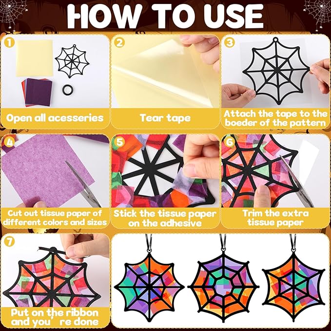 Qyeahkj 36 Set Halloween Spider Web Suncatchers Crafts Kids DIY Hanging Spider Web Tissue Paper Crafts Kit Window Art Ornaments Decor for Halloween School Home Activity Art Project Party Favor Gift