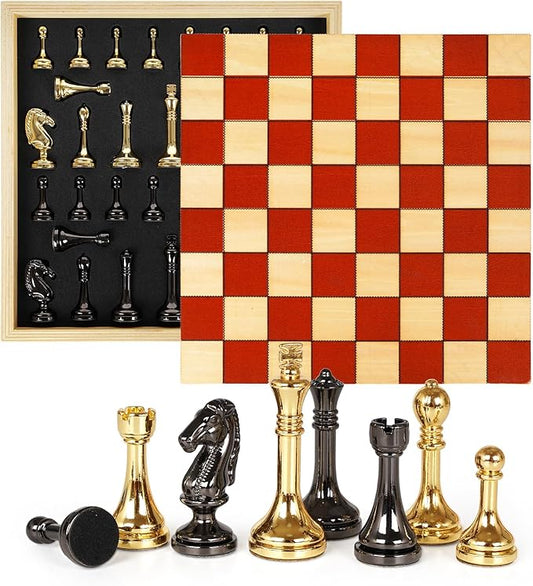 Metal Chess Set for Adults & Kids with Metal Chess Pieces –Wooden Chess Board Game with Portable Storage Case, Classic Strategy Family Board Game Gift Travel Chess Set