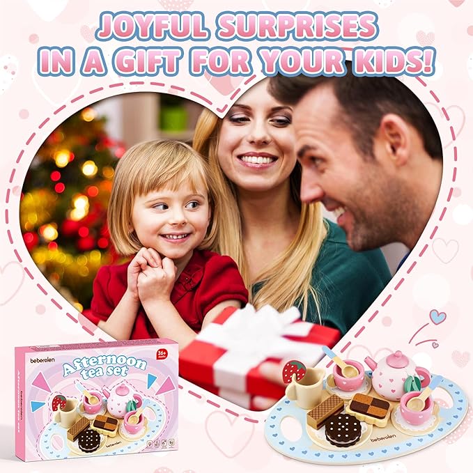 Wooden Tea Set for Little Girls Birthday Gift 2-4 Year Old Princess Toys Play Food Sets for Kids Kitchen Accessories Toddlers 3-5 Outdoor Party 1-3 Pretend Food Dessert Cookies Wood Toy