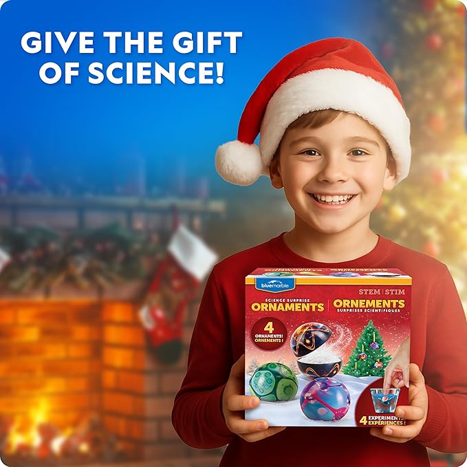 Blue Marble Science Surprise Christmas Ornaments – 4 Ornaments with Holiday Science Experiments Inside - Bouncy Ball, Instant Snow, Bouncing Putty & Hydrophobic Sand, Learning Guide & Instructions
