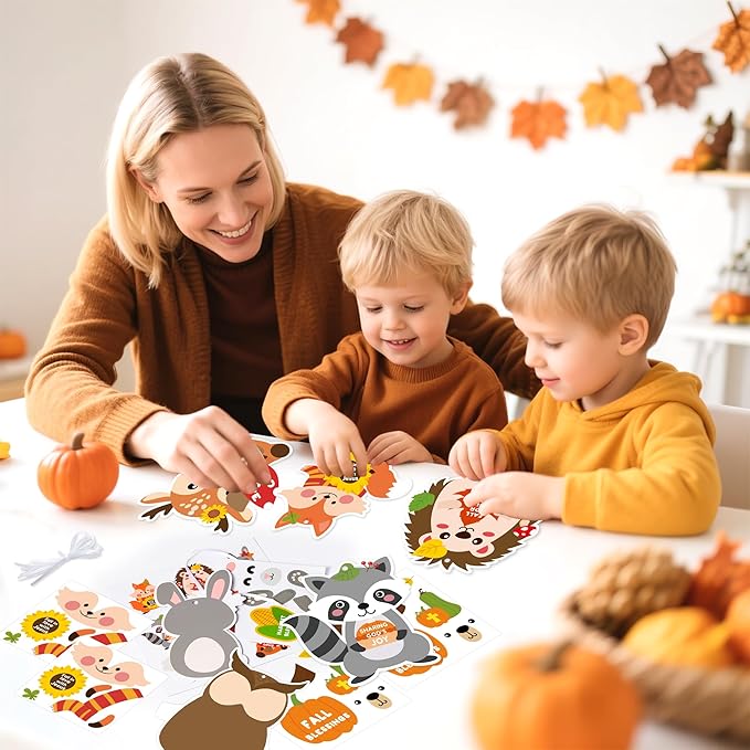ANGOLIO 123Pcs Fall Animal Stickers for Kids DIY Craft Kit - Hedgehog Owl Fox Self-Adhesive Autumn Art Projects, Classroom Home Activities, Thanksgiving Party Favors, Sunday School Decor