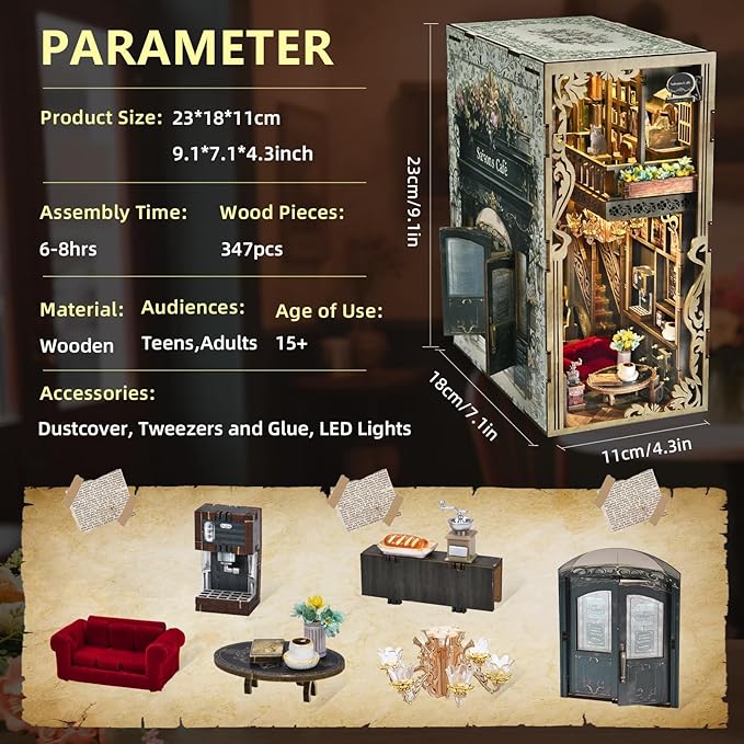 Book Nook Kit, DIY Doll House Booknook, Miniature Kit for Bookshelf Doll Houses for Adults Teen Halloween, 3D Wooden Puzzle Bookends with Led Light and Dust Cover (Saisons Café)