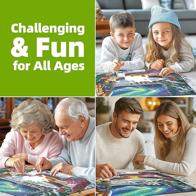 Blueforest 1000 Piece Jigsaw Puzzles for Adults, Northern Lights & Cozy Cabin Winter Bonfire - Impossible Challenging Difficult Puzzle with Aurora, Wildlife & Hygge Gift-Ready Art (27.5"x19.7")