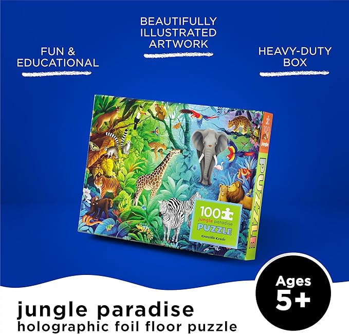 Crocodile Creek 100-Piece Jigsaw Puzzle for Kids Ages 5 and Up - Fun and Educational Table or Floor Holographic Foil Puzzle - Heavy-Duty Box for Storage - Jungle Paradise - 24" x 18" Finished