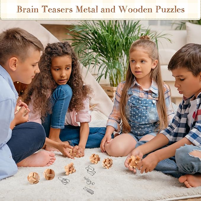 Yilloog 45 Pcs Brain Teasers Metal and Wooden Puzzles for Kids Adults Mind Iq and Logic Test Toys 3D Educational Unlock Interlock Puzzles Box for Family Challenging Games